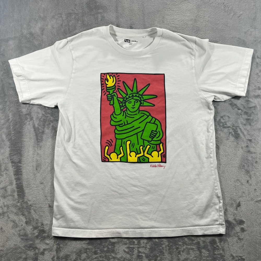 UNIQLO Keith Haring T-Shirt Mens Large White Statue of Liberty Pop Art‎ Casual